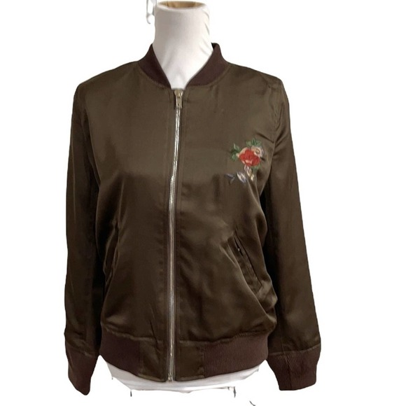 NWOT Olivaceous Floral Embroidered Brown Satin Bomber Jacket SZ L - Picture 2 of 8